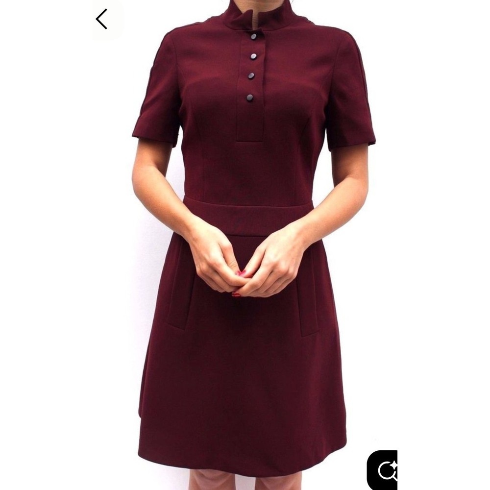 Karen‎ Millen Burgundy Short Sleeve Mock Neck Button Dress Size 8